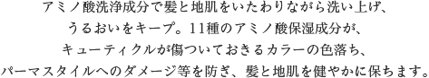 アミノ酸洗浄成分で髪と地肌をいたわりながら洗い上げ、うるおいをキープ。
							11種のアミノ酸保湿成分が、キューティクルが傷ついておきるカラーの色落ち、
							パーマスタイルへのダメージ等を防ぎ、髪と地肌を健やかに保ちます。
